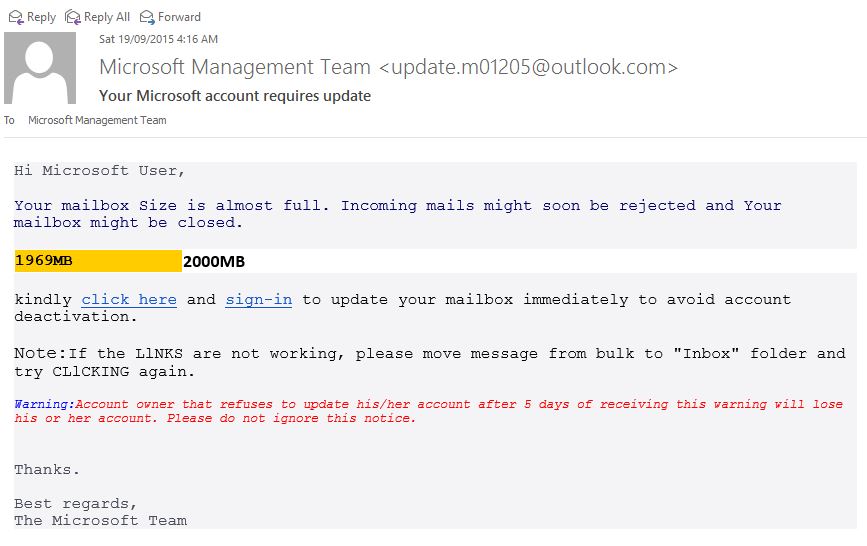 Scam email from Microsoft Management Team