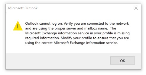 Outlook cannot log on. Verify you are connected to the network.