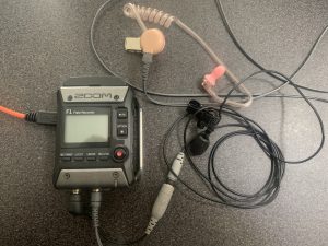 Zoom F1 Field Monitor, lapel mic and IFB earpiece