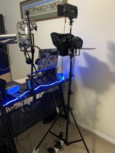A teleprompter on a tripod