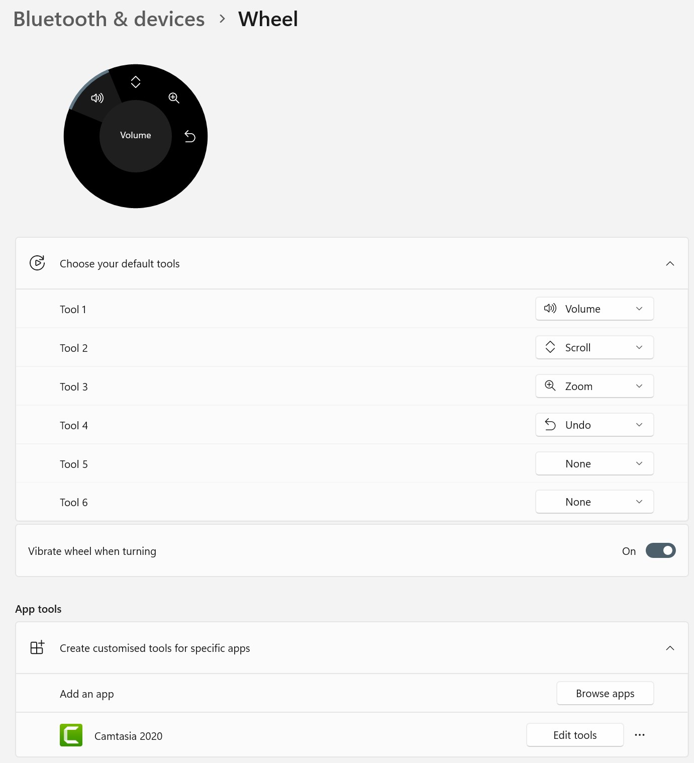 The wheel settings pane in Windows 11