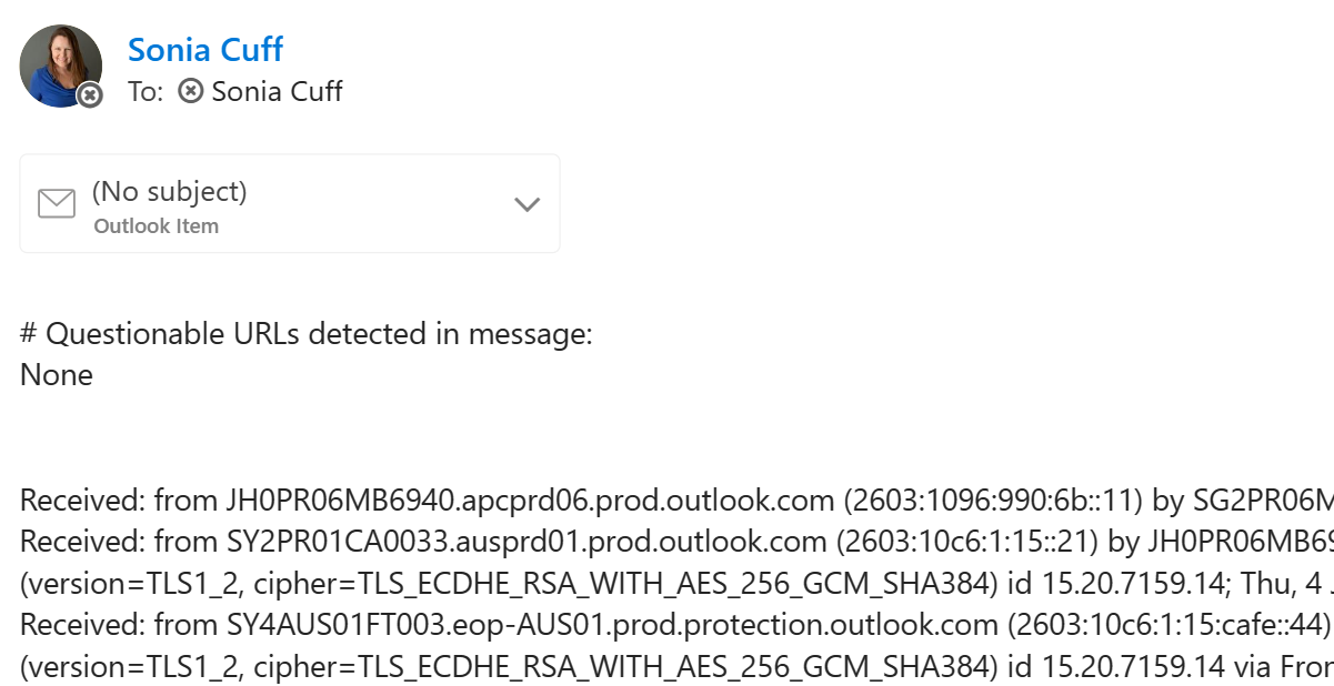 Questionable URLs detected in message email reply when reporting in Outlook